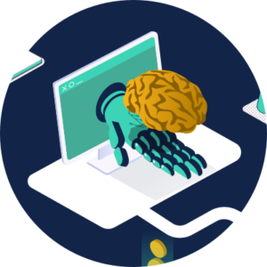 An Illustration of a robotic hand reaching out of a computer screen presenting an image of a brain.